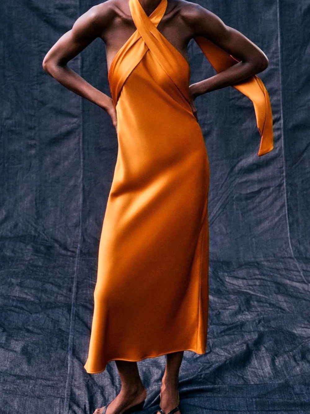Satin Halter Midi Dress Orange Size S,M,L
